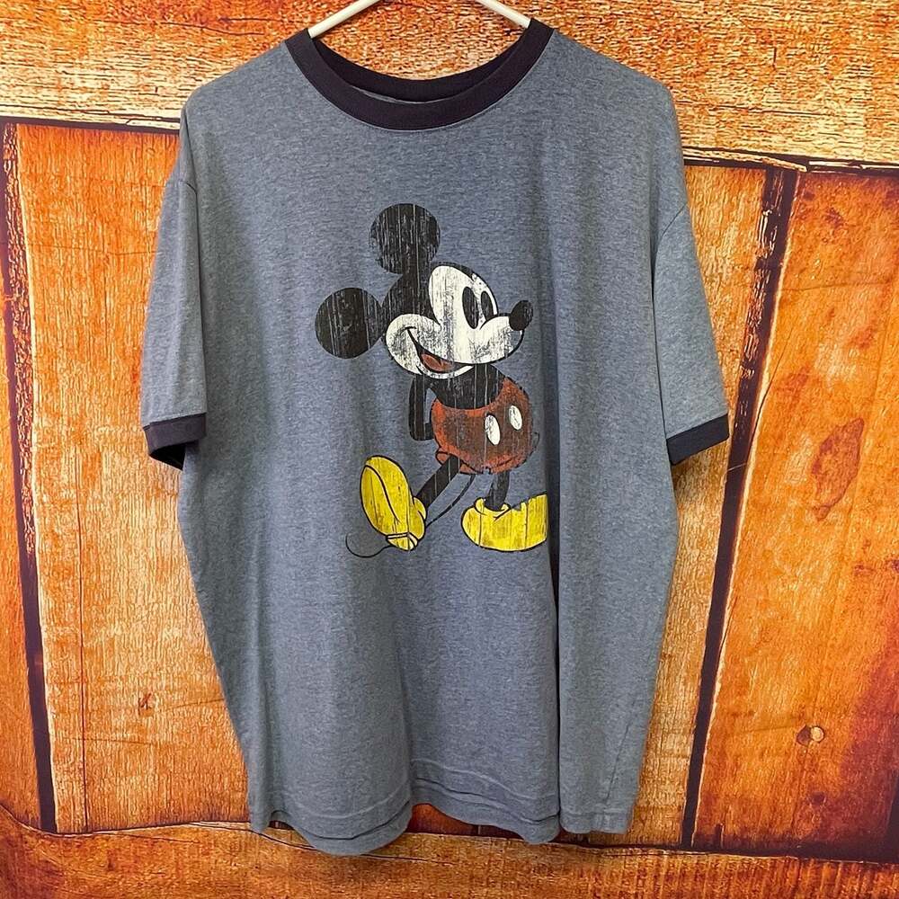 Walt Disney World Men's Gray Ringer T-Shirt w Distressed Mickey Mouse Graphic XL